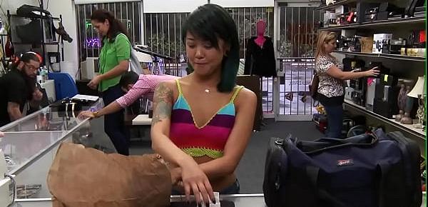  Asian pawnshop guest buffing the knob and getting doggystyled